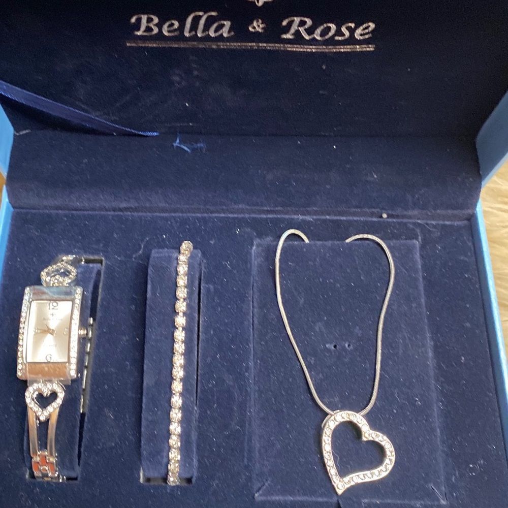 Bella & Rose Silver-Tone Three Piece Watch Bracelet Heart Pendant Necklace Set